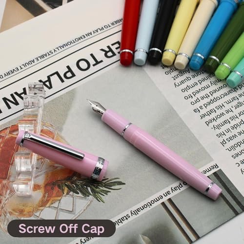 Image of Lanx 82 Fountain Pen - Acrylic Material Pen Barrel, Iridium Fine Nib with Ink Converter Smooth Writing Classic Design Pink (Silver Trim, F)