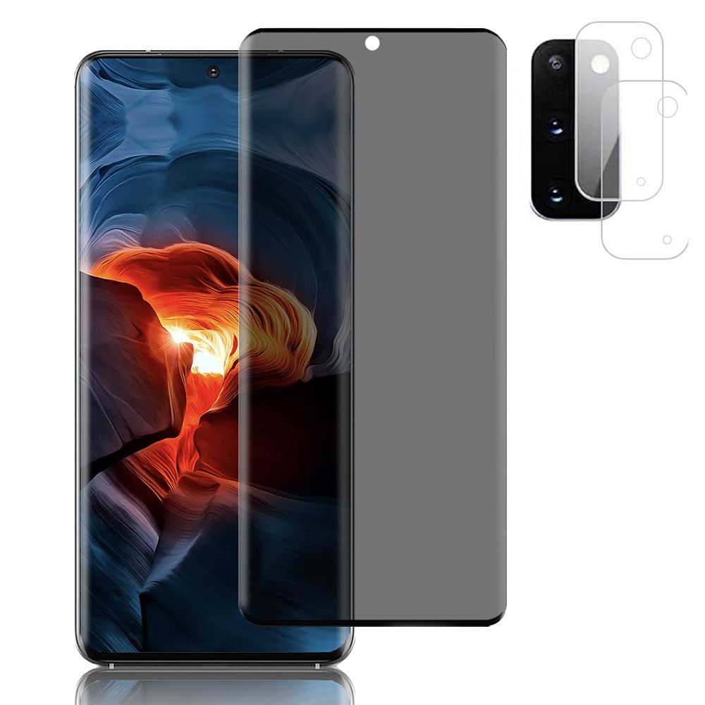[1+2 Pack ] Galaxy S20 Plus Privacy Screen Protector + Camera Lens Film，for Samsung Galaxy S20 Plus / S20+ 5G (6.7") 3D Full Coverage, Shell Friendly, 9H Hardness, Easy To Install Screen Protector