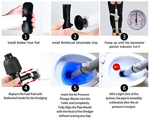 Desentupidor de canhão de vaso sanitário 9 em 1, êmbolo de pressão de ar pneumático, êmbolo de drena