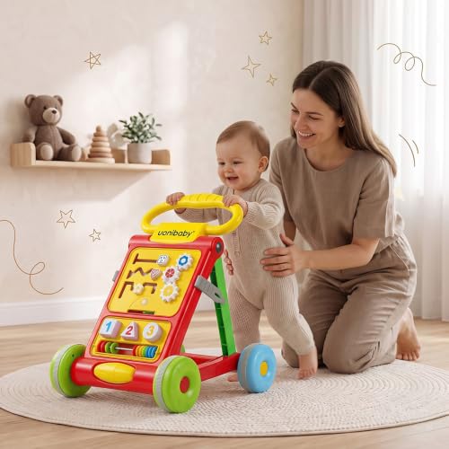 Image of Uonibaby Baby Push Walker, Musical Push Walker for 9 Months+, Toodler Walking Toy for 1 to 2 Years, Interactive Activity Panel with Gears, Shapes, Numbers & Beads, Sturdy Handle & Large Wheels