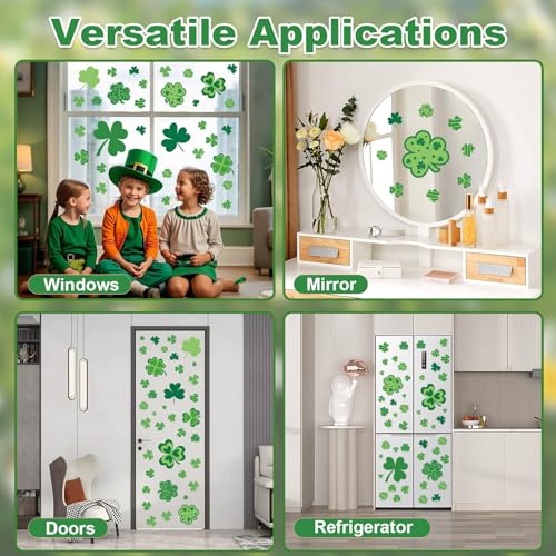 Image of St Patricks Day Window Clings Decorations, Shamrock Decor for Home, Office | 8 Sheets Window Sticker for Glass Windows, Clover Decals for Mirrors, Glass Doors, Reusable Irish Party Indoor Decoration