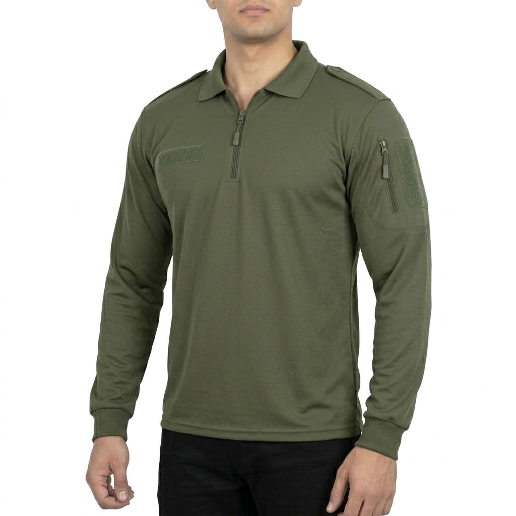 Military Inspired Tactical Polo T-Shirt for Men | Olive Green Full Sleeve Cotton Blend Army Style Outdoor Training Tee with Utility Pocket-picture-21