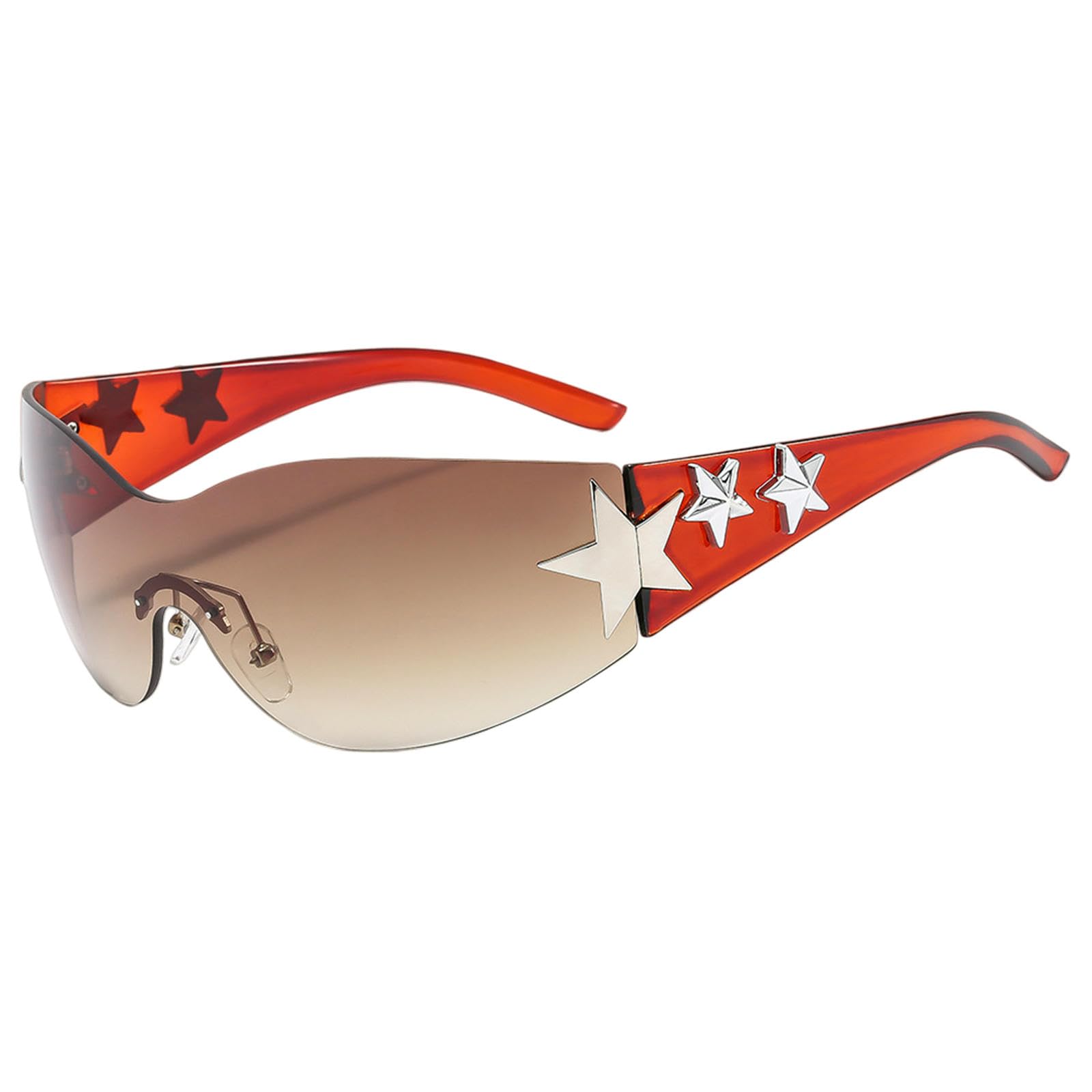 Gyios Women's Brown Frame/Brown Lenses Sunglasses Rimless Star For Men, Oversized Wrap Around Shades One Piece Unisex