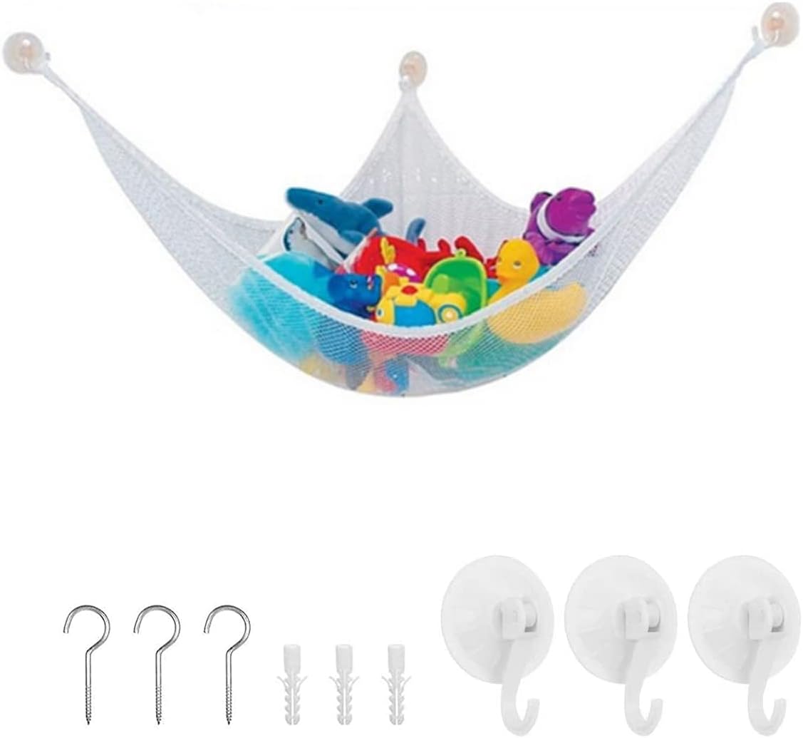 Tiardey Toys Storage Hammock Net,Wall Sling Toy Organizer For Keep Childs Bedroom Nursery Tidy With Hooks (White) - Image 3