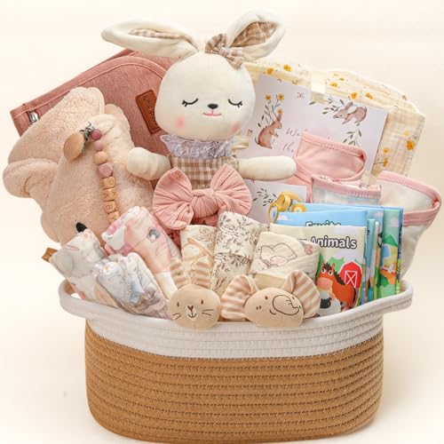 Baby Girl Gifts for Newborn Baby Girl Gift Basket with Bunny Plush Toy Onesie Blanket & Diaper Caddy Organizer All-in-One Baby Shower Gift Set Gender Reveal & Welcome Baby Gifts for Girls