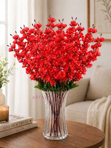 Image of ARTSY Artificial Flowers Bunch for Decoration Cherry Blossom, Ideal for vase, Home, Office Decor, Gifts, Craft, Artificial Plants for Decoration, Without vase, Red, Combo, 2 Piece, 55 cm Height |