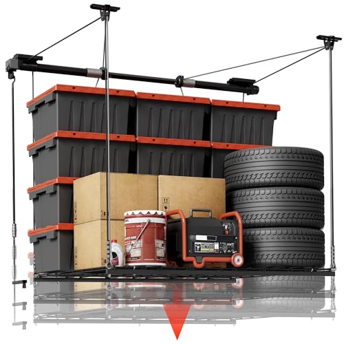 FLEXIMOUNTS Overhead Garage Storage Rack Lift, 4x4 Ft Heavy-Duty Garage Ceiling Storage Racks, Adjustable Organization System With 71'' L Axle, 350lbs Load Capacity, Flat Black