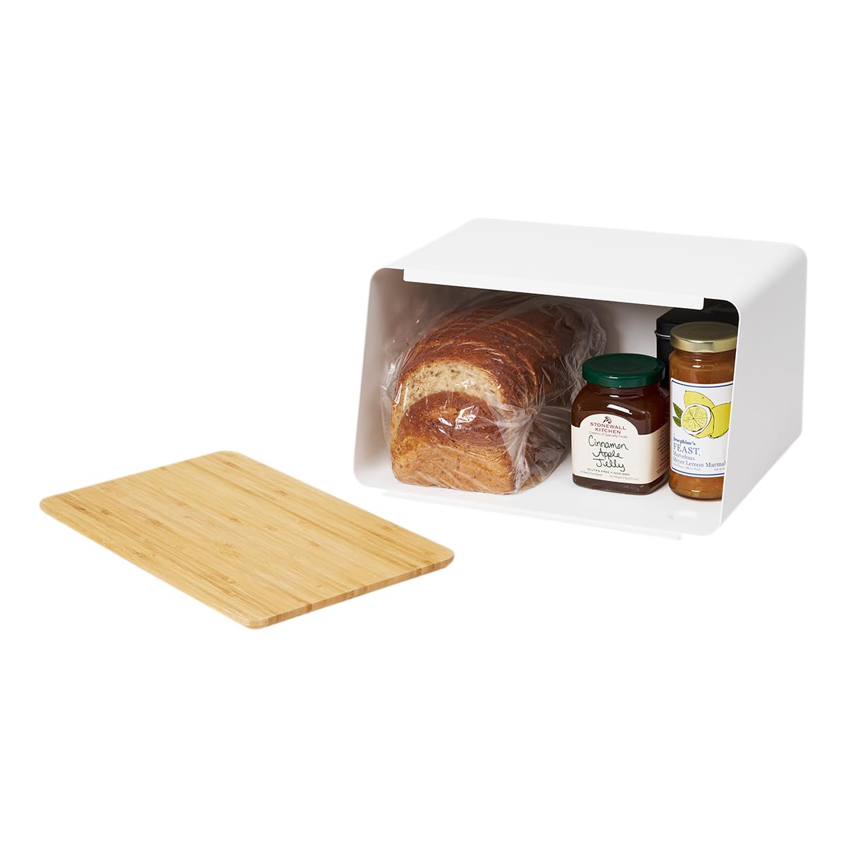 YAMAZAKI Metal Bread Box With Removable Bamboo Wooden Cutting Board Lid, Kitchen Storage Box