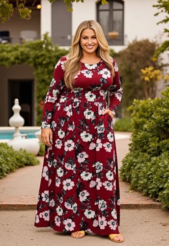 Image of Nemidor Plus Size Maxi Dress for Curvy Women Fall Casual Loose Long Sleeve Dresses with Pocket 14-26