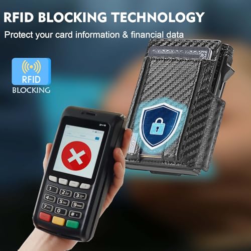 WXM Wallet for Men Pop Up Card Holder ID Window RFID Slim Wallet with Money Clip for 10-15 Cards Stretchable Credit Card Slot Magnetic Closure Compact Metal with Gift Box(Carbon Black)4