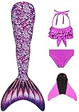 FOLOEO Mädchen Meerjungfrauenschwanz Zum Schwimmen mit Meerjungfrau Flosse- Prinzessin Cosplay Bademode für das Schwimmen mit Bikini Set und Monoflosse, 4 Stück Set, Mehrfarbig (GN15-CC), 130