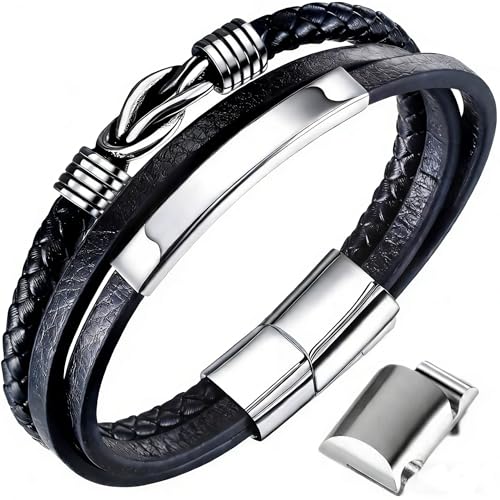 Gkmamrg Bracelet en cuir noir pour homme - En cuir véritable tressé - Large bracelet enroulé avec fermeture magnétique 22.5cm