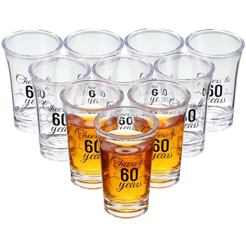 Sliner 48 Pack Birthday Shot Glasses Bulk 1.4oz Cheers to 30/40/50/60/70/80 Years Shot Glass Unbreakable Thick Base Mini Clear Plastic Wine Glass Anniversary Favors for Guests(Black,60 Years)