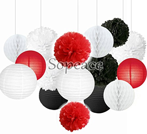 Sopeace 16 pcs Mixed Red Black White Party Decor Kit Paper Lantern Paper Star Garland Tissue Pom Poms Hanging Flower Ball for Wedding,Birthday,Baby,Bridal Shower,Room Decor &Themed Party Decor Favor