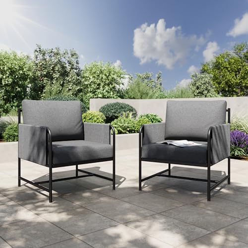Image of PHI VILLA Patio Furniture Metal Armchair,2 PCS All-Weather Outdoor Contemporary Sofa Chair,Black Frame with Cushion(Backyard ICON Collection)