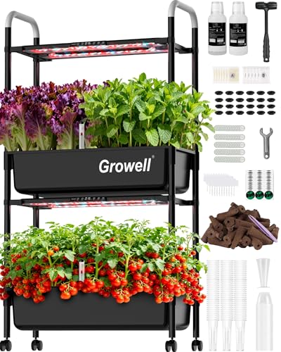 Growell Large Hydroponics Growing System Kit, Vertical Indoor Herb Garden Kit with LED Grow Light & Independent Water Pump, 28L Movable Indoor Planter Perfect Gardening Gifts (2 Tier-54 Pods Black)