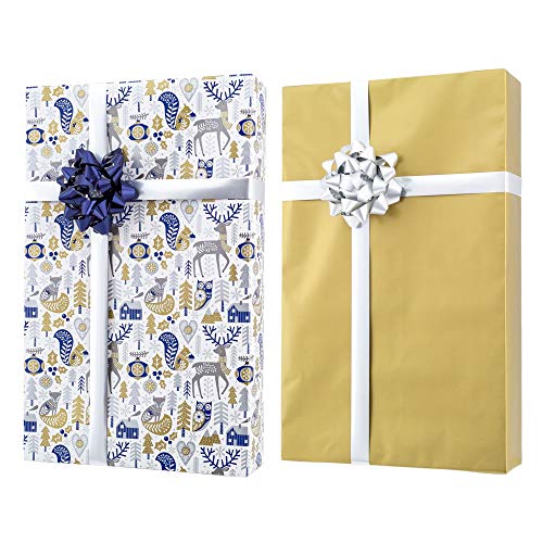 Gold + Silver + Blue Reversible Wrapping Paper Set: 4 Rolls (8 Designs) of Premium Gift Wrap (80 sq. ft.) with 30 Coordinated Bows, 2 Spools of Ribbon, and 24 Gift Tags - Thumbnail 2