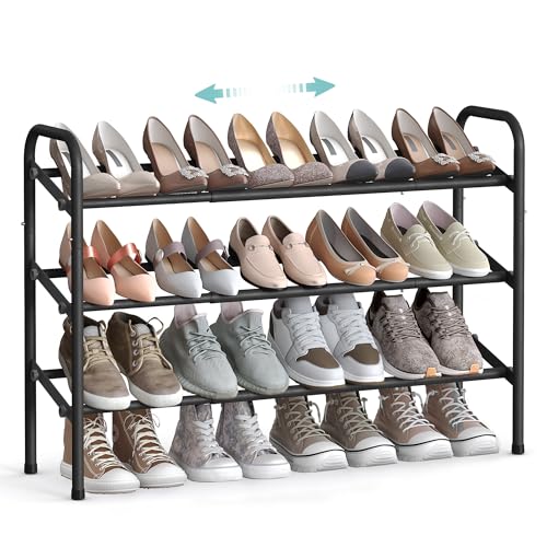 SONGMICS Zapatero Extensible, Zapatero de Metal de 3 Niveles, Organizador de Zapatos Ajustable, Estante Zapatos para Pasillo, Armario, Puerta, Fácil Montaje, Negro Tinta LMR039B01