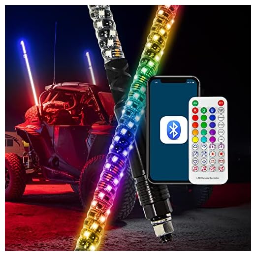 True MODS 2pc 3ft Spiral LED Whip Light for UTV ATV [Bluetooth] [Smart Phone Control] [142 Flash Patterns] [18 Sound Control Patterns] LED Lighted Whips Antenna RZR Can-Am Polaris UTV ATV Accessories