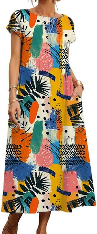 Cotton T Shirt Dresses for Women Cap Sleeve Crewneck Empire Waist Flowy Swing Summer Casual Long Maxi Smocked Dress