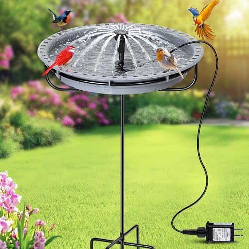 HappyAlley Bird Bath Fountain for Outside, Plug in Adjustable Water Fountain Combo Set, 24 Hour Working Bird Bath Bowl with 5W Water Pump for Outdoor Garden Yard with Auto Power Off Dry Run Function
