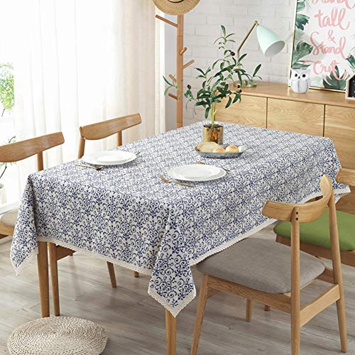 Amzali Vintage Washable Cotton Linen Fabric Navy Damask Pattern Macrame Square Tablecloth Dinner Picnic Table Cloth Home Decorative Table Cover (36 Inch X 36 Inch) #TOP3