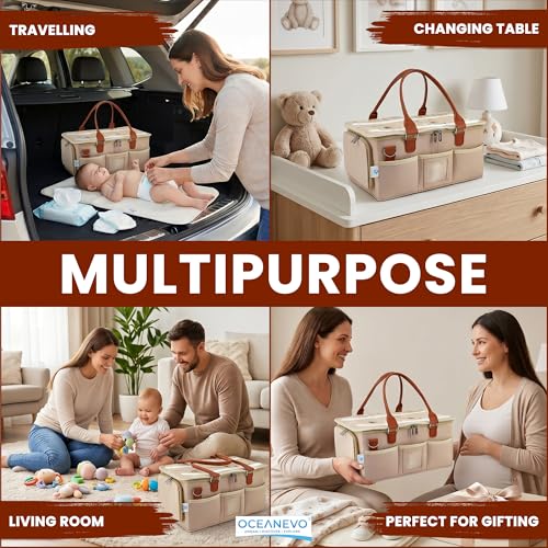 Image of OCEANEVO Cute Diaper Caddy Organizer Bag WITH Lid, Changing Mat & Luggage Tag | New Born Baby Essentials Storage Basket with Compartments and Removable Shoulder Strap | 40 x 27 x 19 Cm - Beige