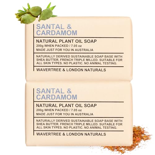 Image of Wavertree & London Santal & Cardamon Scented Natural Soap Bars (2 Bars), 7oz Moisturizing French Triple Milled Soap enriched with shea butter - Plant Oil Bath & Body Soap Bars [100% Naturally derived]