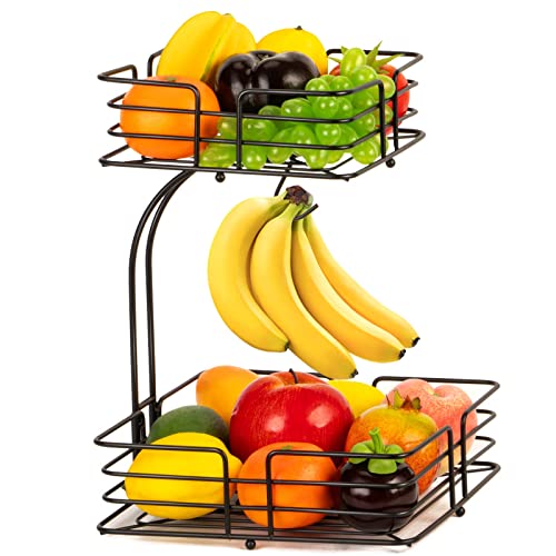 2 Stöckig Quadratischer Obstkorb mit Bananenhalter, moderne Obstschale Metall Draht, Stehend Täglicher Küche Lagerung Früchtekorb Gemüsekorb, Schwarz Cover