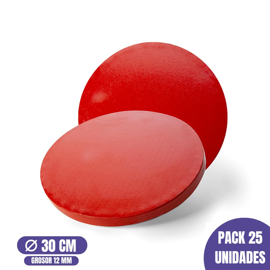GLOTOMANIA - Base para Tarta Redonda - Calidad Profesional - Ideal para Pasteles y Postres - Fácil Manejo - Acabado Pack de 25 Unidades, Rojo, 30 x 1.2 cm