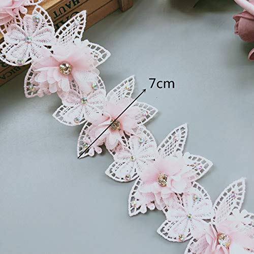 1 Yard Diamond 3D Flower Lace Edge Trim Ribbon Decorative Rhinestone 7 Cm Width Vintage Style Pink Edging Trimmings Fabric Embroidered Applique Sewing Craft Wedding Bridal Dress Party Clothes Decor #TOP1