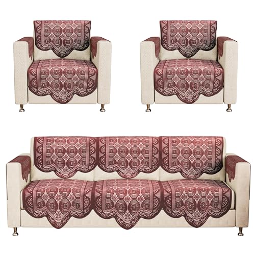 Image of Kuber Industries (Set of 16) Stylish & Durable Cotton Sofa Covers 5 Seater with Arms | Washable Sofa Protector & Slipcover for Living Room & Office | Plain Circle - Maroon