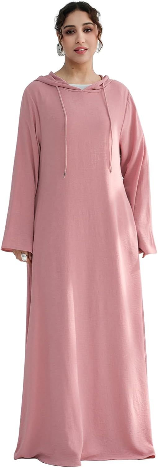 Muslim Abaya Dress for Women Loose Lightweight Hoody Praying Robe Islamic Middle East Maxi Dress with Pockets
