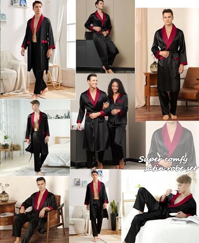 SWOMOG Men's Satin Robe with Pants Set Silky Kimono Bathrobe Lightweight Soft Sleepwear Loungewear3