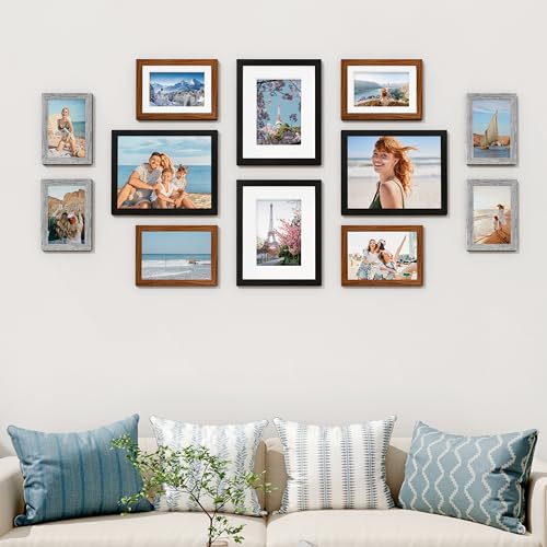 Image of Vittanly 12 Pack Picture Frames Collage Wall Decor for Mounting or Tabletop Display, Gallery Wall Frame Set for Family, Multi Sizes Including 4pcs 8x10, 4pcs 5x7, 4pcs 4x6, Black & Walnut Brown & Grey