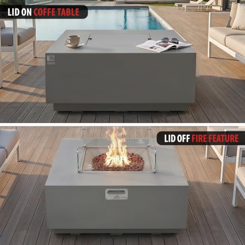Image of AMS 48 inch Square Concrete GFRC Propane Gas Fire Pit Table Bundle (Light Gray)