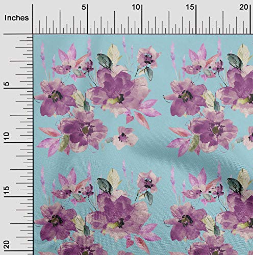 oneOone Cotton Poplin Sky Blue Fabric Flower & Leaves Watercolor Quilting Supplies Print Sewing Fabric By The Yard 56 Inch Wide