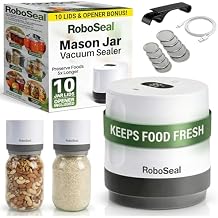 RoboSeal Electric Mason Jar Vacuum Sealer Kit with 10 Lids, Works on Wide & Regular Mouth for Canning Food, Auto Stop One Touch Operation, Digital Battery Indicator, Jar Opener Included