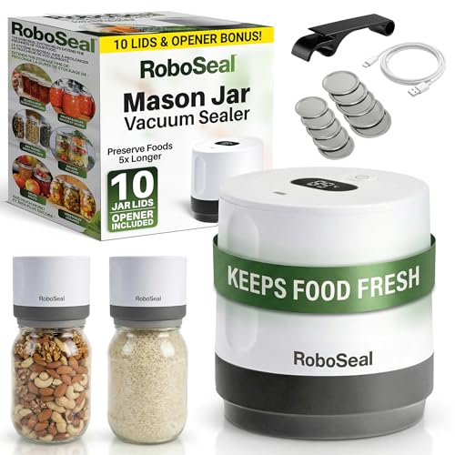 RoboSeal Electric Mason Jar Vacuum Sealer Kit with 10 Lids, Works on Wide & Regular Mouth for Canning Food, Auto Stop One Touch Operation, Digital Battery Indicator, Jar Opener Included