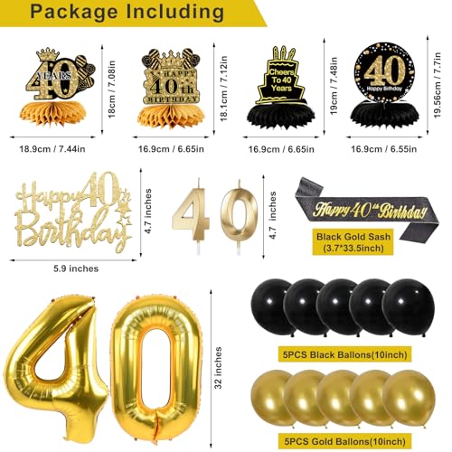 Image of 40th Birthday Decorations for Men, Black Gold 40th Party Decoration Kits | 27pcs Happy 40th Birthday Set, Banner, Honeycomb, Balloons, Gold Number, Candle, Hanging Swirls, Cake Topper, Party Supplies