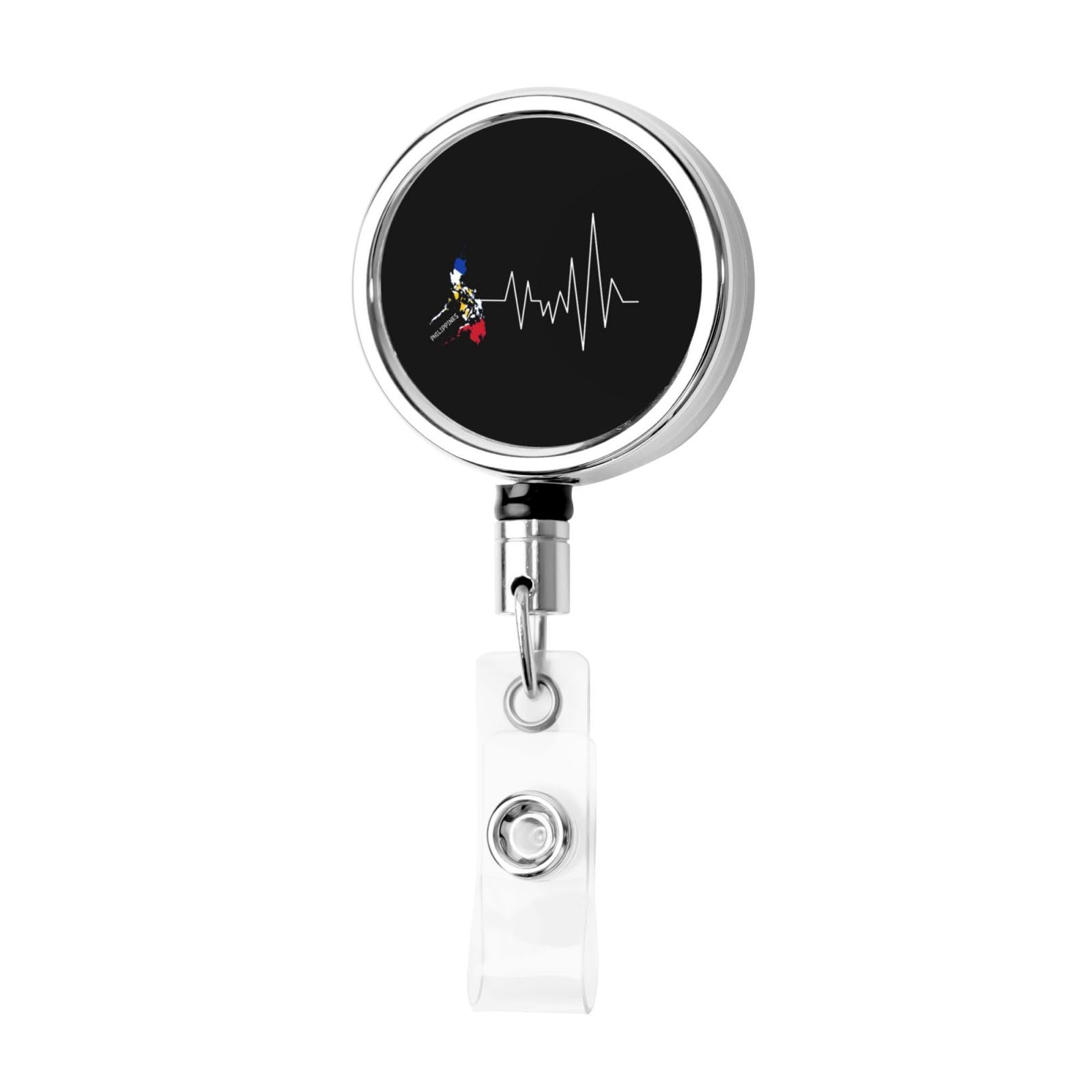 Filipino Flag Country Map Outline Heartbeat Philippines Heavy Duty Metal Retractable Badge Holder, 24.4" Cord, 360° Rotating, for ID & Keys, Office, Nurse46