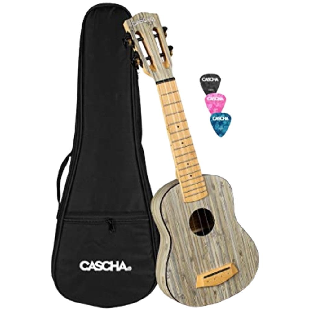 Cascha Bamboo Graphit Sopran Ukulele Erwachsene & Kinder - inkl.3 Plektren & gepolsterte Tasche - Bambus-Ukulele für Anfänger oder Fortgeschrittene - hochwertige Carbon-Saiten - Top Qualität