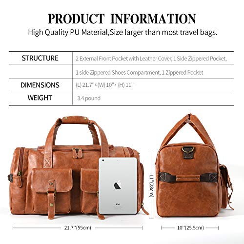 Zeroway PU Leather Travel Duffel Bag with Shoe Pouch Large Carry on Bag Waterproof Weekender Overnight Bag for Men Women Brown