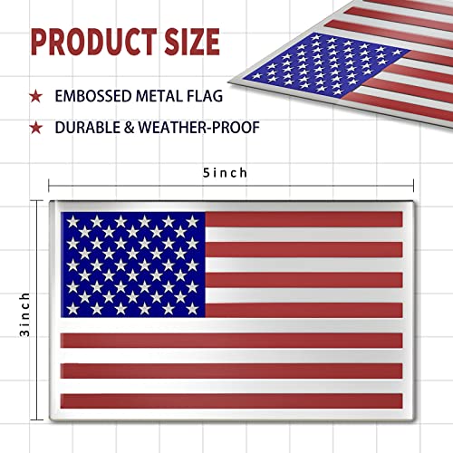 Image of Embossed 3D Metal American Flag Car Stickers and Decals (1 Pair), 5 inch x 3 inch US Flag Patriotic Emblem for Cars, Truck, Motorcycle, 4th of July Support US Military