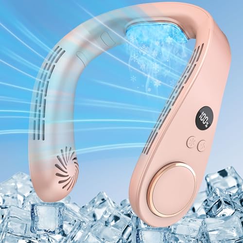 Image of Neck Fan that Blows Cold Air with Cooling Plate, Rechargeable Battery Powered, Portable Silent Mini Neck Air Conditioner, Cordless Leafless Quiet Face Fans for Kid Adults Travel Work Sports, Pink