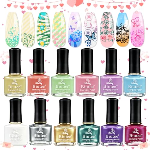 Biutee Nail Stamping Polish Set 12 Colors Air Dry Stamping Nail Polish for Nail Stamping Plate Highly Pigmented Nail Art Stamping Polish Kit Spring Summer Pastel Manicure Stamp Polish 0.21 Fl