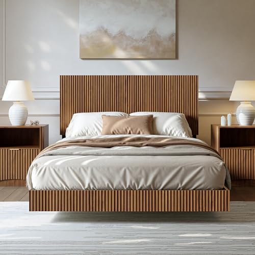 Image of Evermagin Walnut Full Floating Bed Frame with Headboard | Mid Century Modern Fluted Platform Bed with LED Lights, Heavy Duty Bedframe with Charging Station, No Box Spring Needed