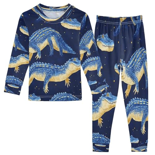 Pajama Sets Long Sleeve Blue Crocodile Pattern Print Soft Comfy Sleepwear 2 Piece PJS 3-8T