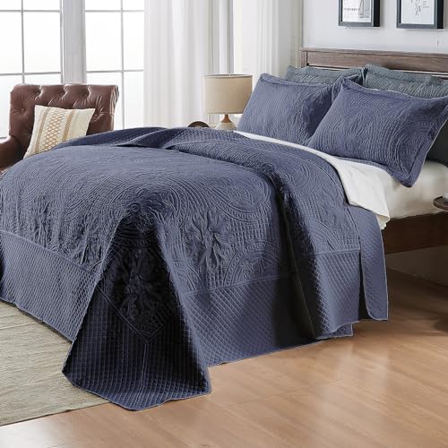 Qucover Oversized King Bedspread 128x120, Soft Microfiber King Size Bedspread Oversized, 3 Piece Ultrasonic Quilting Persian Pattern California King Quilt Set, Navy Blue