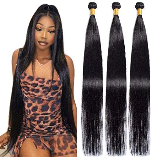 Maxine Hair 10A Brazilian Virgin Straight Hair 3 Bundles 100% Unprocessed Long inch Human Hair Weave Extensions Natural Color Can Be Dyed and Bleached (24''&26''&28'')